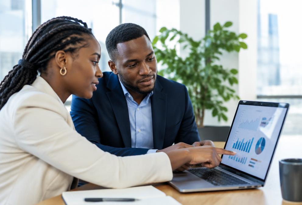 Professionnels analysant des résultats marketing sur un ordinateur
