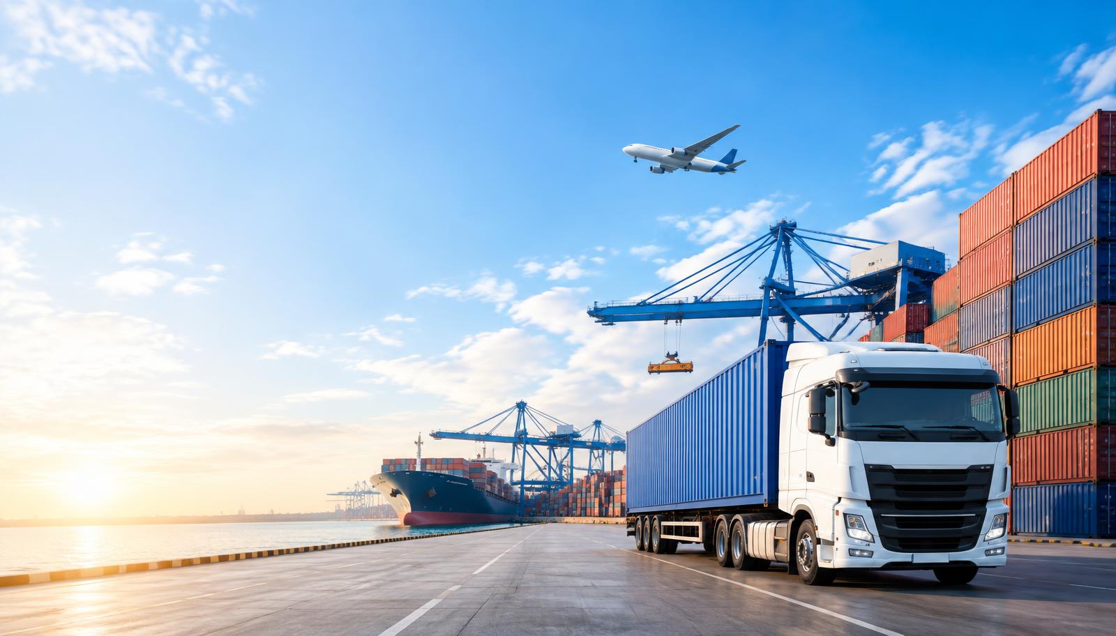 Camion de fret et conteneurs dans un terminal logistique portuaire